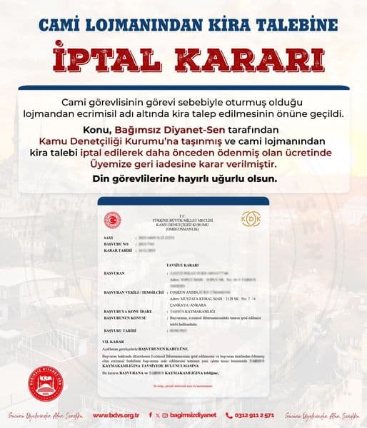 CAMİ LOJMANINDAN KİRA TALEBİNE İPTAL KARARI