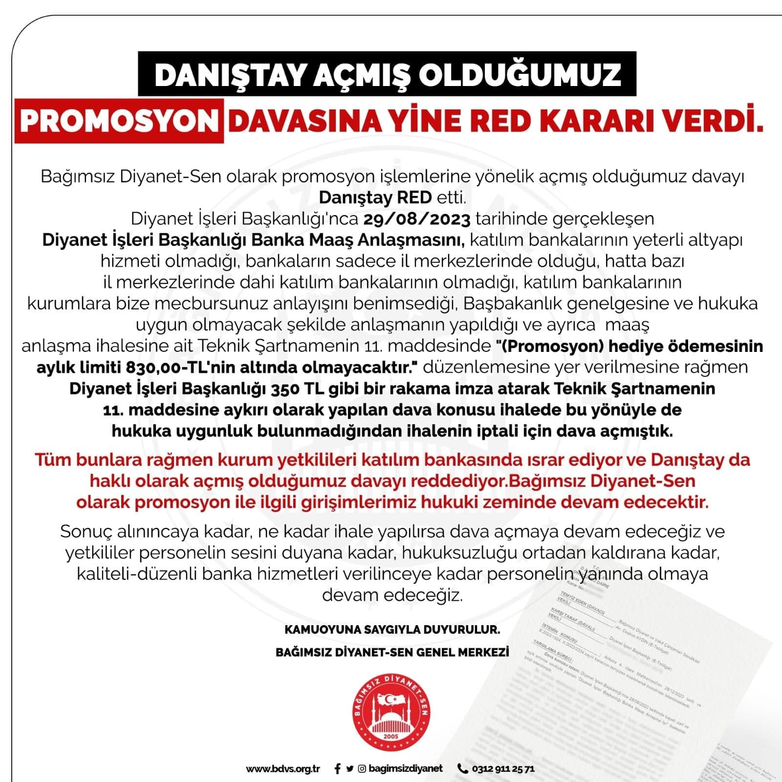 Danıştay Açmış Olduğumuz Promosyon Davasına Yine Red Kararı Verdi