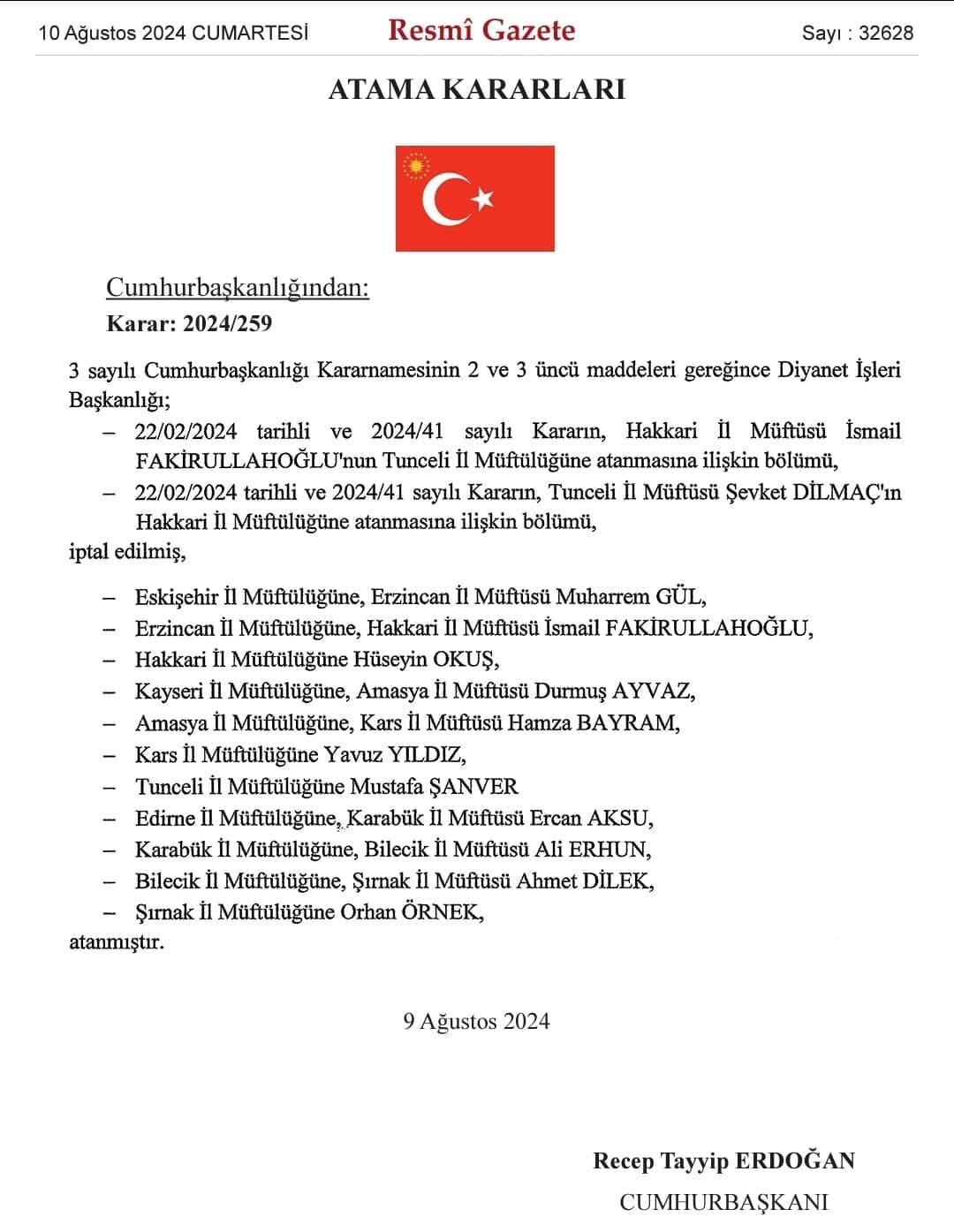 Diyanet İşleri Başkanlığınca 11 il müftülüğüne atama yapıldı