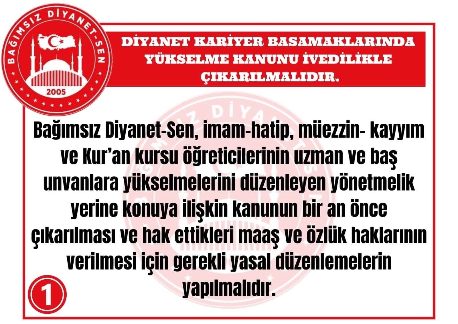 Diyanet Kariyer Basamaklarında Yükselme Kanunu İvedilikle Çıkarılmalıdır