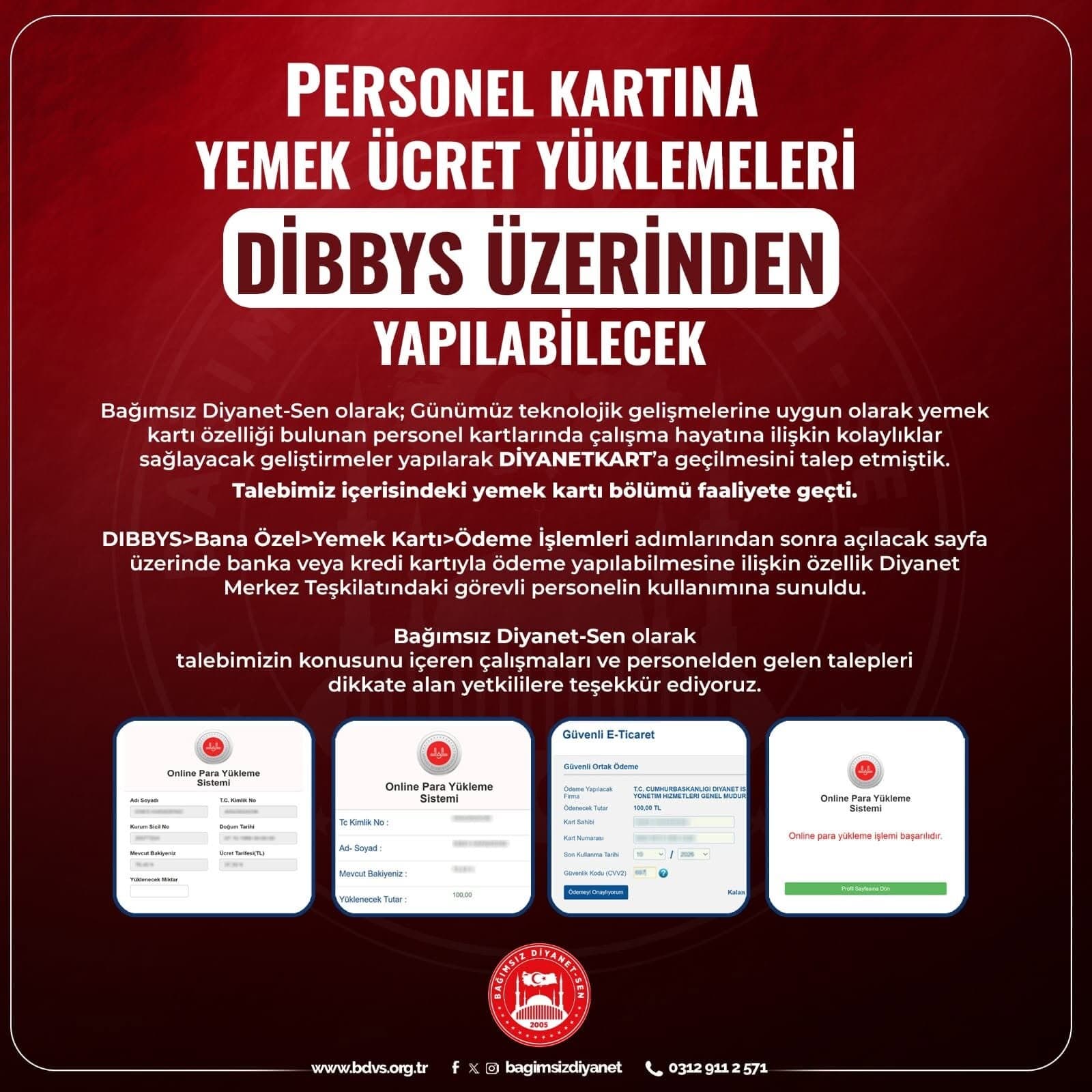 Personel Kartına Yemek Ücret Yüklemeleri DIBBYS Üzerinden Yapılabilecek